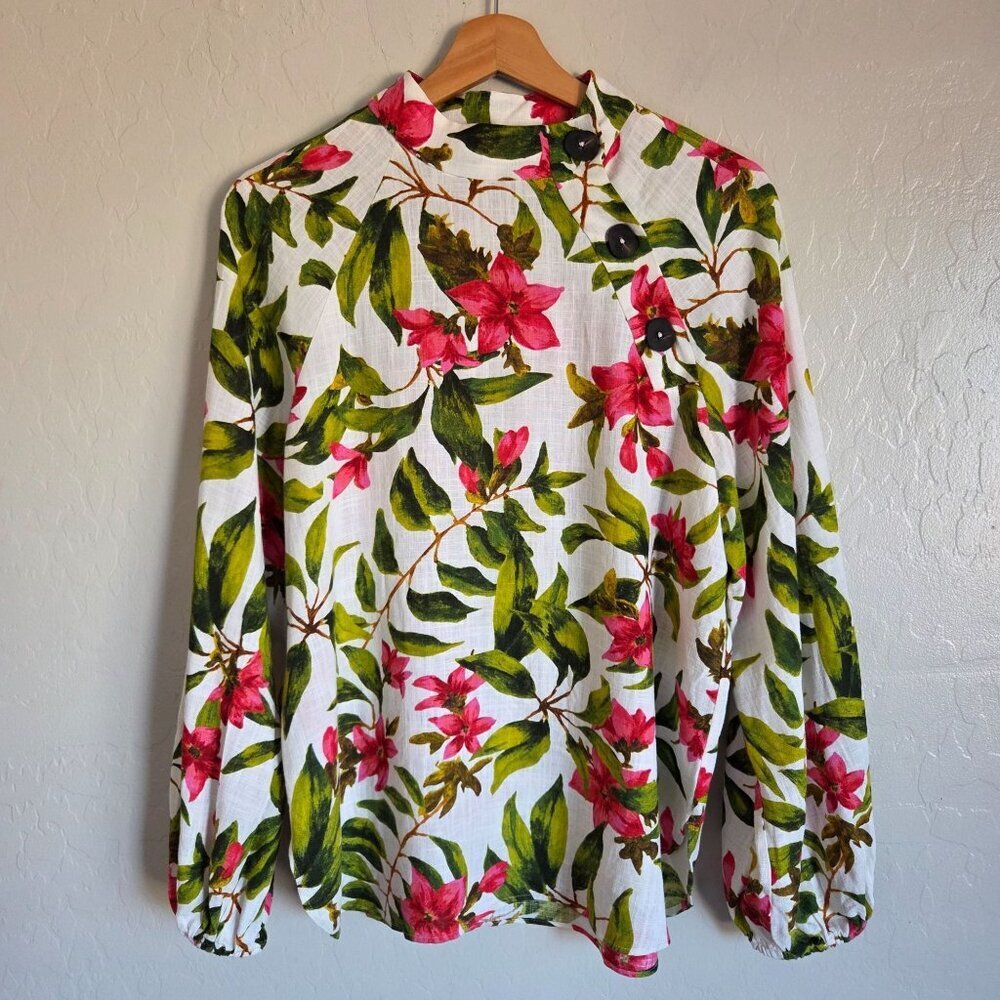 Zara Linen Blend Tropical Floral Blouse Side Button Green/Pink Size M Hawaiian